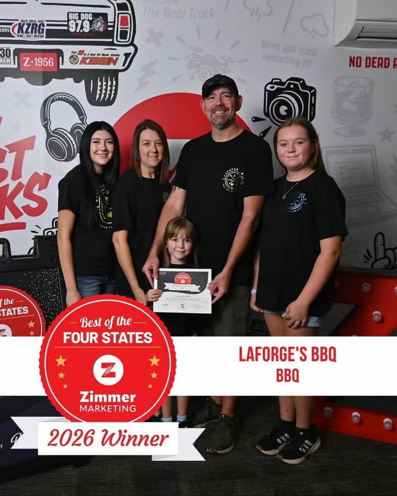 The LaForge family celebrating the Best of the Four States 2026 BBQ award